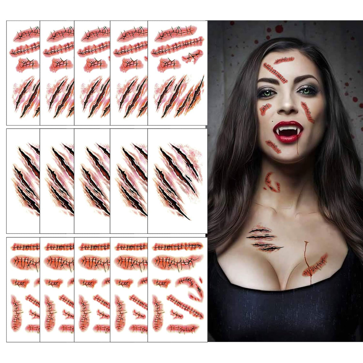 Clooouds Halloween Scar Scab - 15 Waterproof Temporary Tattoos For Costume & Prank Makeup