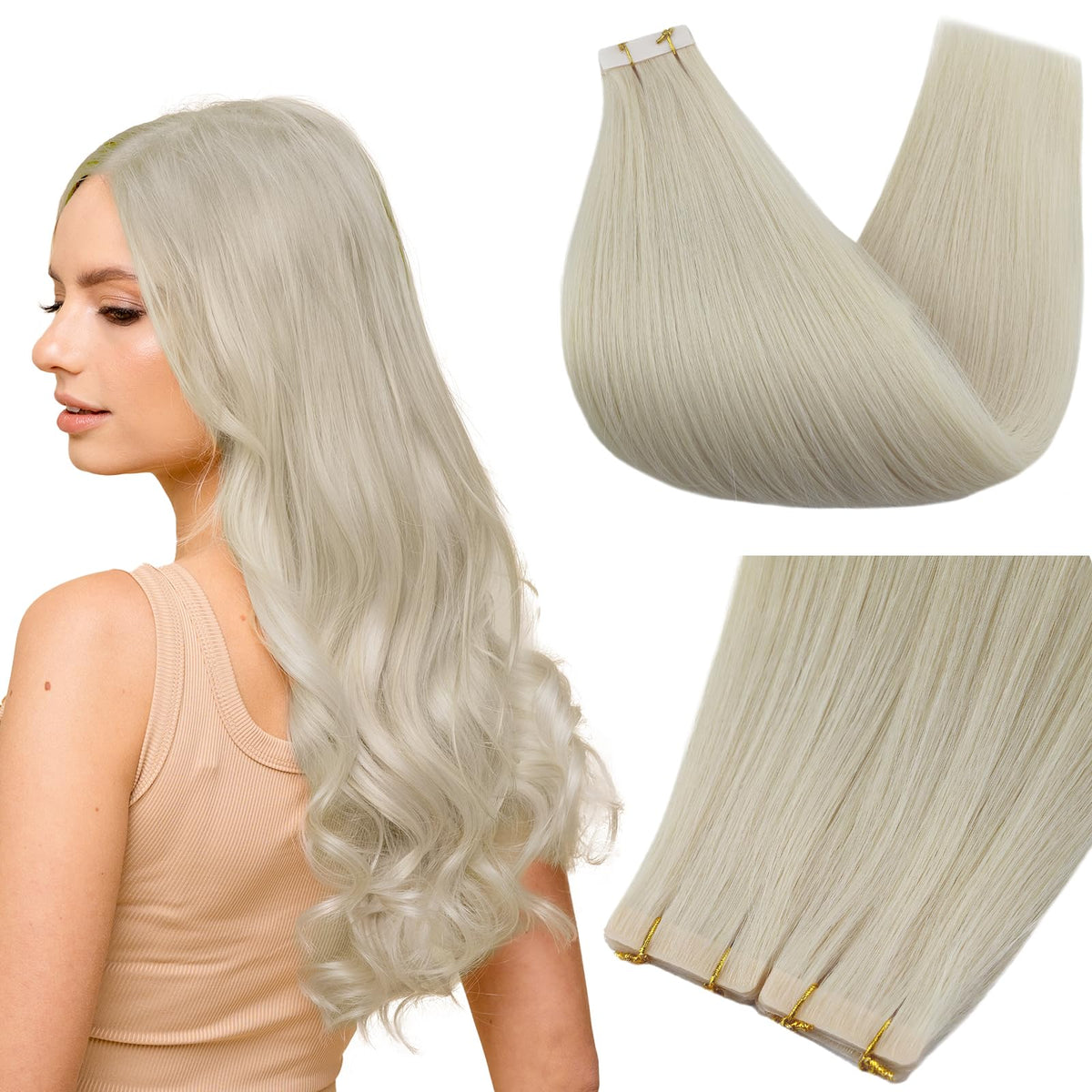 Full Shine 18&quot; Blonde Tape in Human Hair Extensions, 5Pcs, Seamless Skin Weft, Color #1000