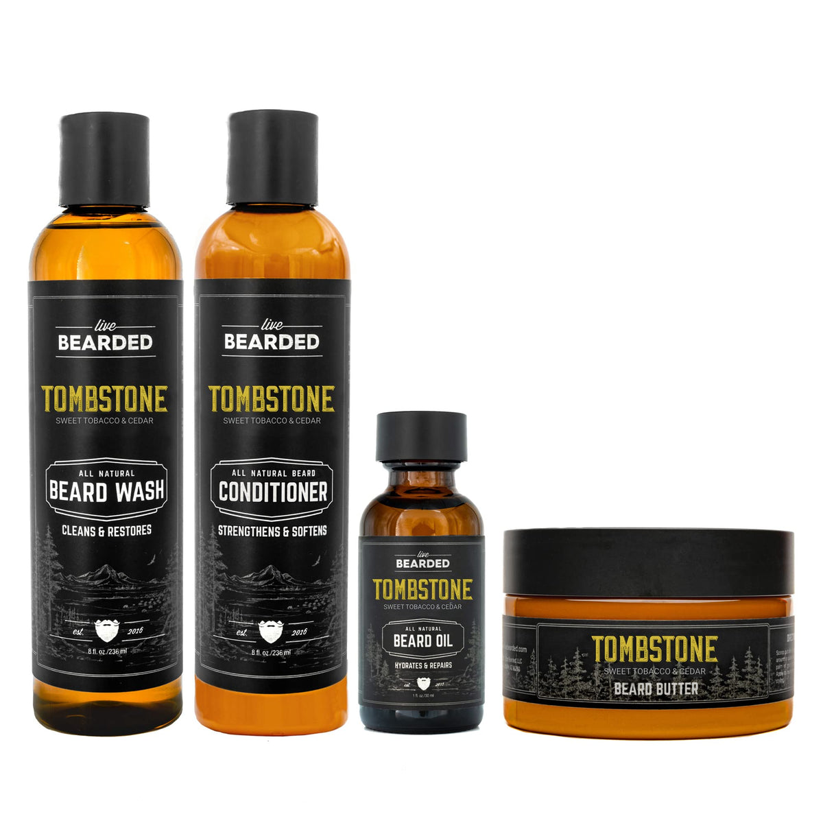 Live Bearded Complete Beard Grooming Kit - All-Natural Wash, Conditioner, Oil & Butter - Tombstone Scent