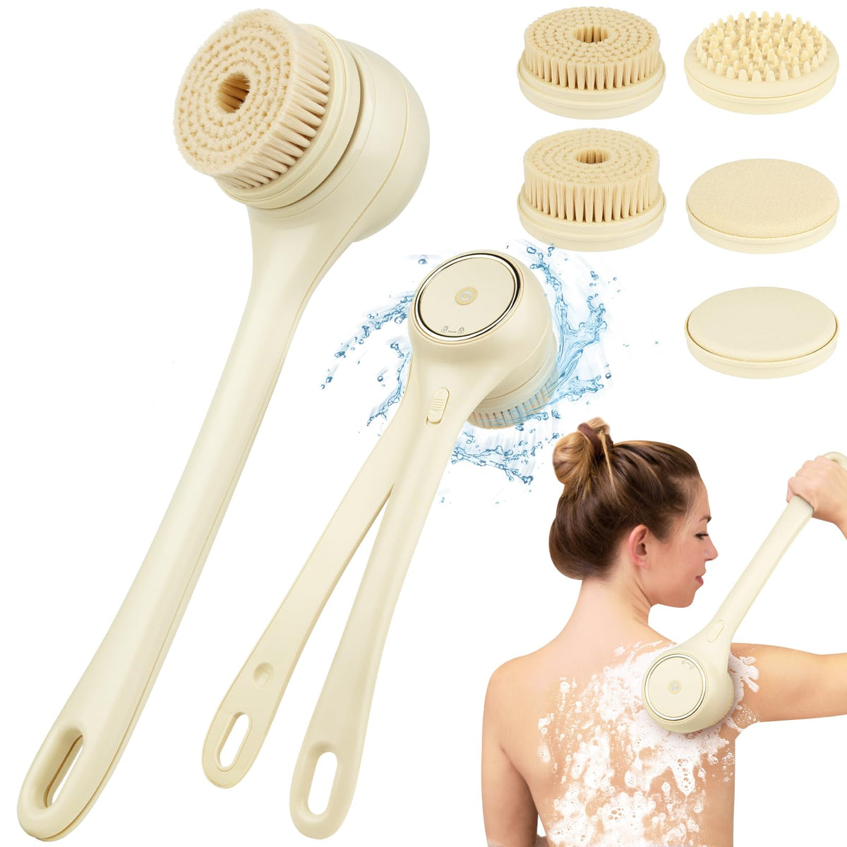 Keweis Electric Body Brush Back Scrubber - Waterproof, Rechargeable, Exfoliating With 5 Brush Heads