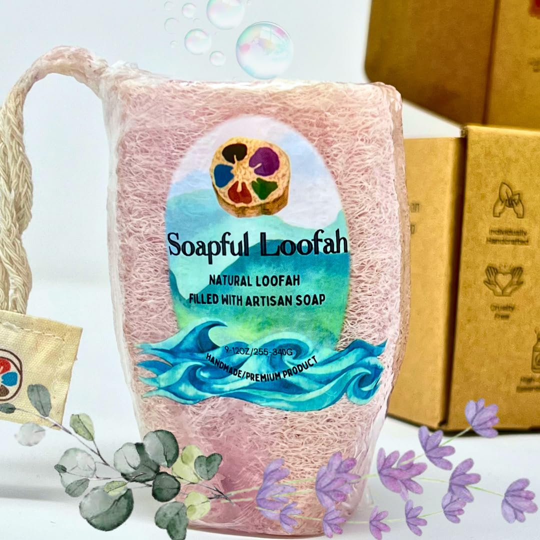 Soapful Loofah Natural Glycerin Soap Bar With Lavender Eucalyptus - Exfoliating Shower Sponge