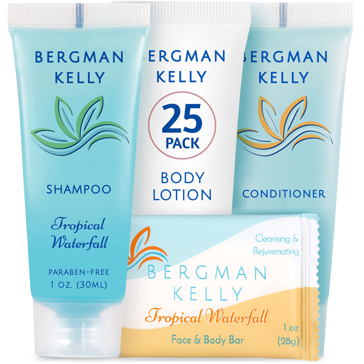 Bergman Kelly Hotel Toiletries Bundle - 100 Pcs Mini Amenities: Soap, Shampoo, Conditioner, Lotion