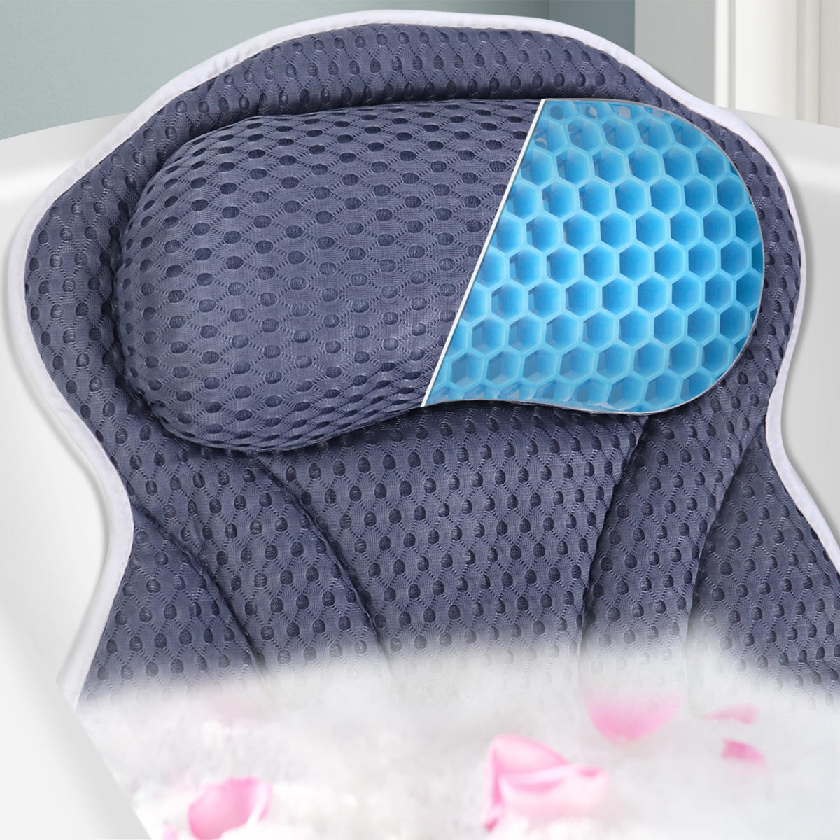 Anevna Navy Spa Cushion Bath Pillow - Luxury 4D Mesh Headrest With Non-Slip Suction Cups