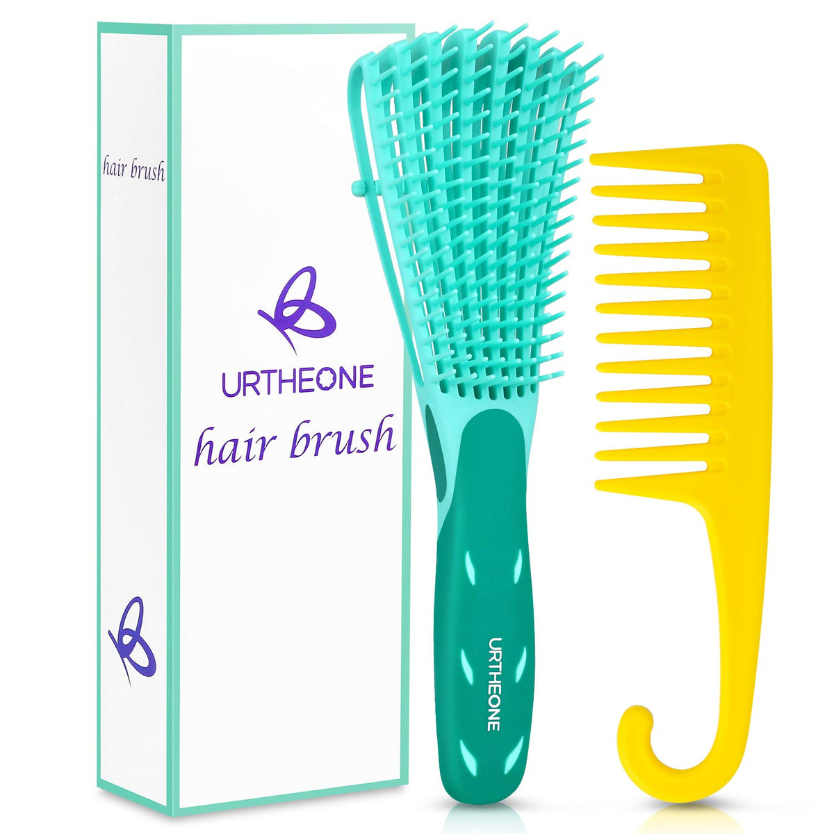 URTHEONE Detangling Hair Brush & Wide Tooth Comb Set for Natural Curly & Straight Hair, Green