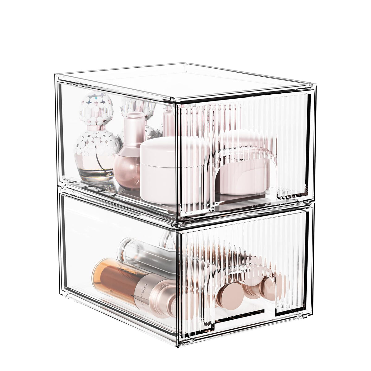 Fbotml 2 Pack Acrylic Striped Stackable Storage Drawers For Makeup, Vanity, Kitchen, Bathroom