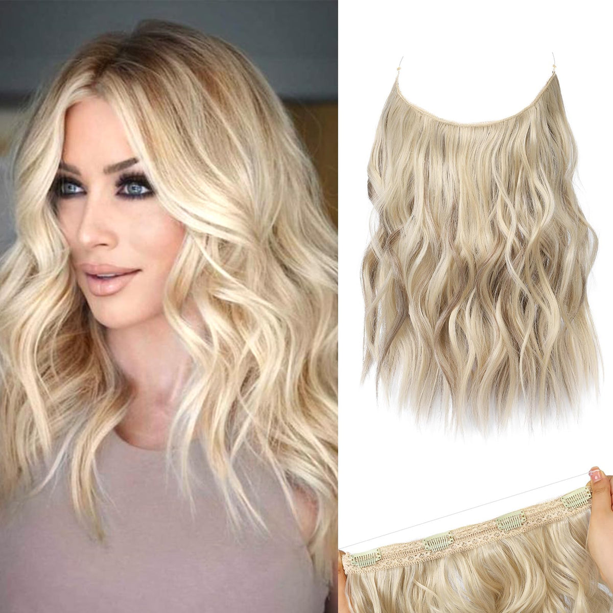 REECHO 12&quot; Invisible Wire Hair Extensions - Dark Ash Blonde, Soft Lace Weft with Secure Clips