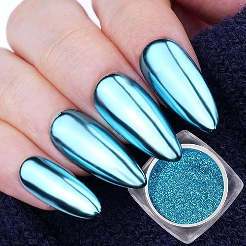 PrettyDiva Cyan Chrome Nail Powder - Snowflake Blue Metallic Glitter for Winter Nail Art