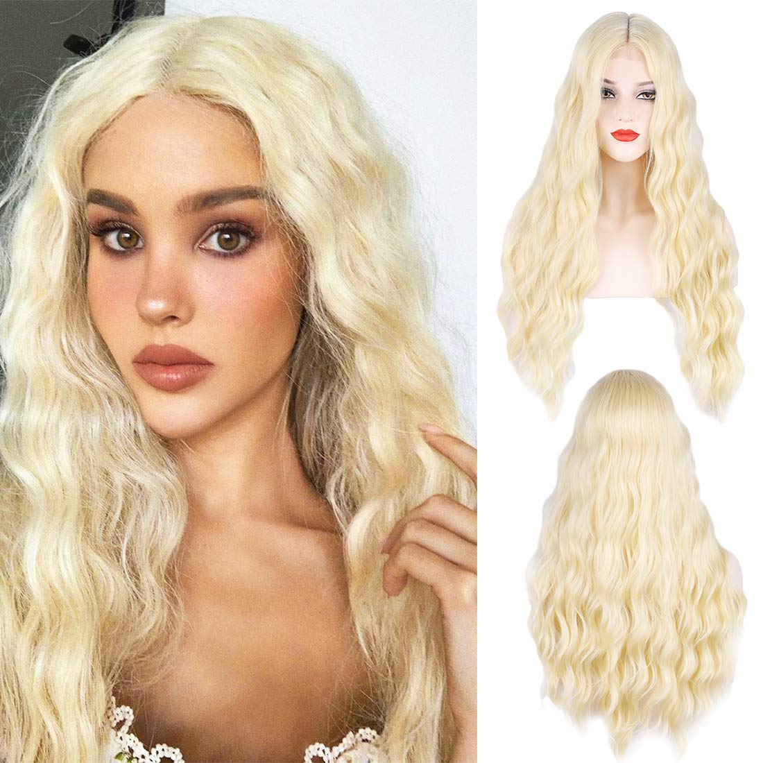 WECAN 28 Inch Long Blonde Wavy Wig for Women - Synthetic Lace Party & Cosplay Hair