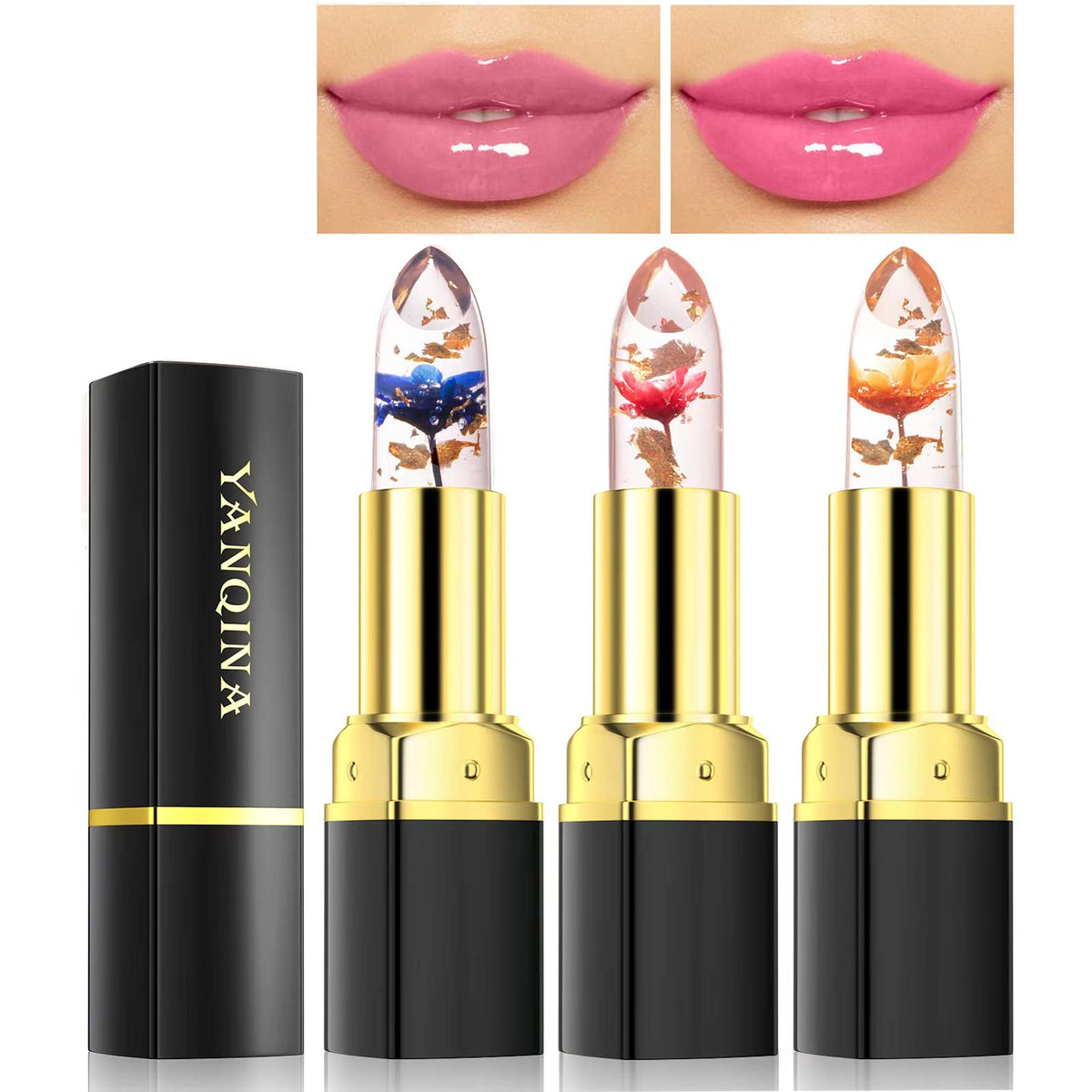 Yeweian 3Pcs Color Changing Crystal Flower Lipstick Set, Moisturizing Lip Balm, Korean Makeup