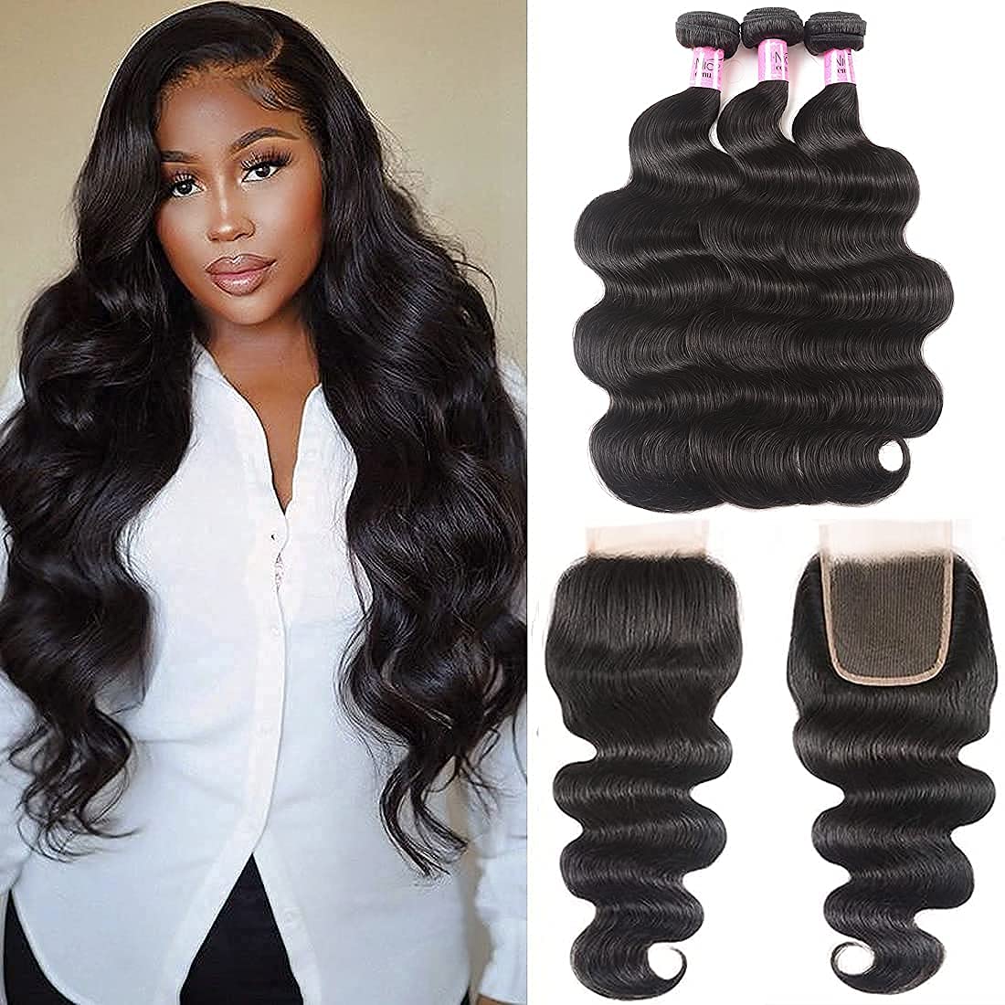 UNice Brazilian Virgin Human Hair Body Wave 3 Bundles with Closure - Natural Color, 14 16 18+14