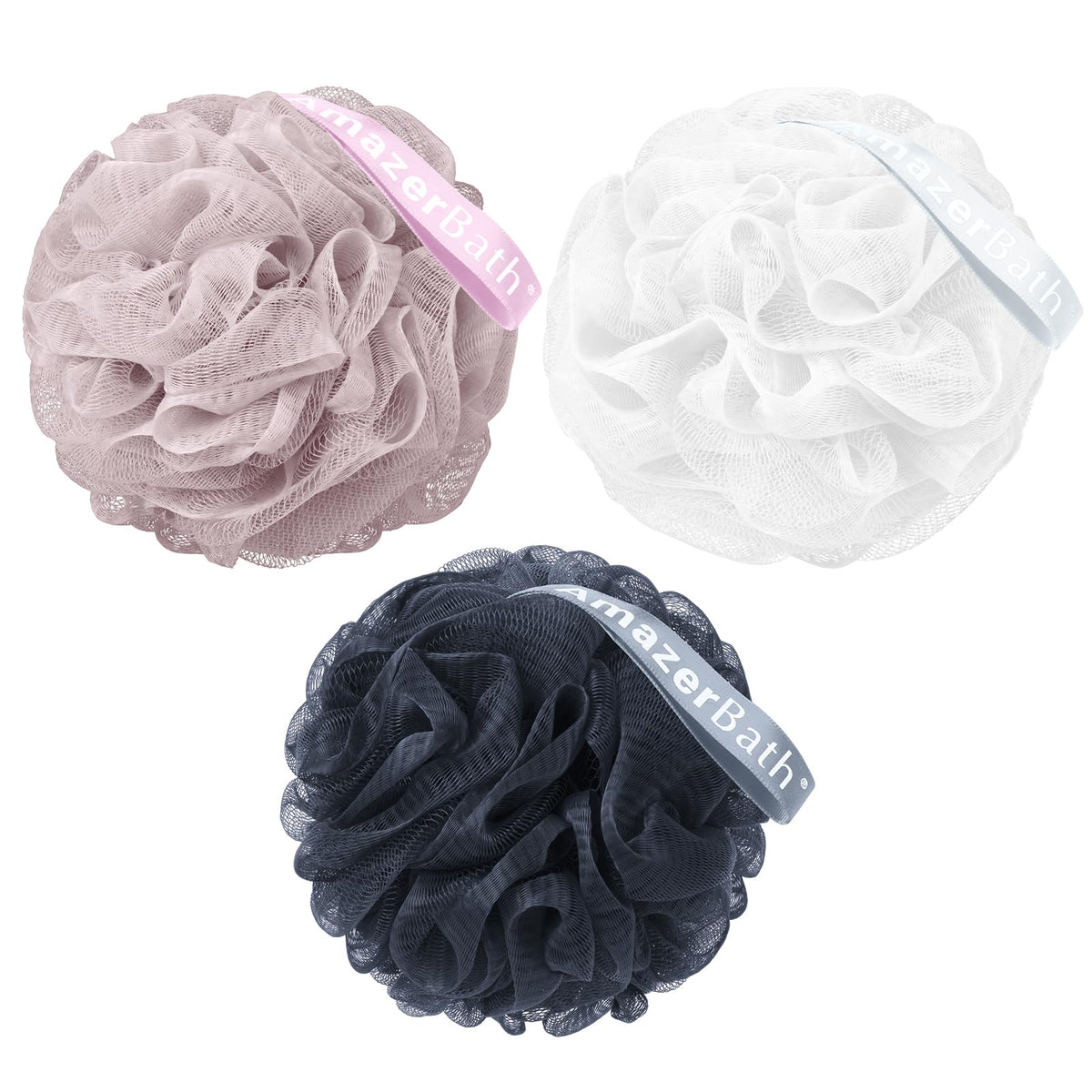 Amazerbath Loofah Sponge Set Of 3, Body Scrubber For Men And Women, Grey Blue-Pink-White