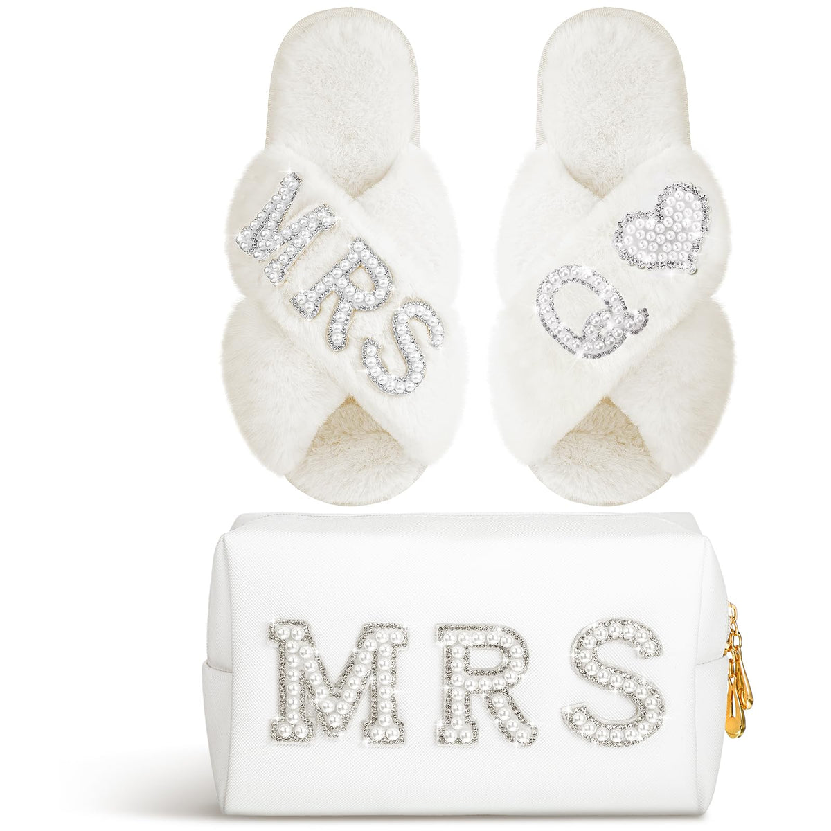 Xtinmee Personalized Mrs Pearl Bride Slippers & Makeup Bag - Bridal Shower Gifts, Large, White