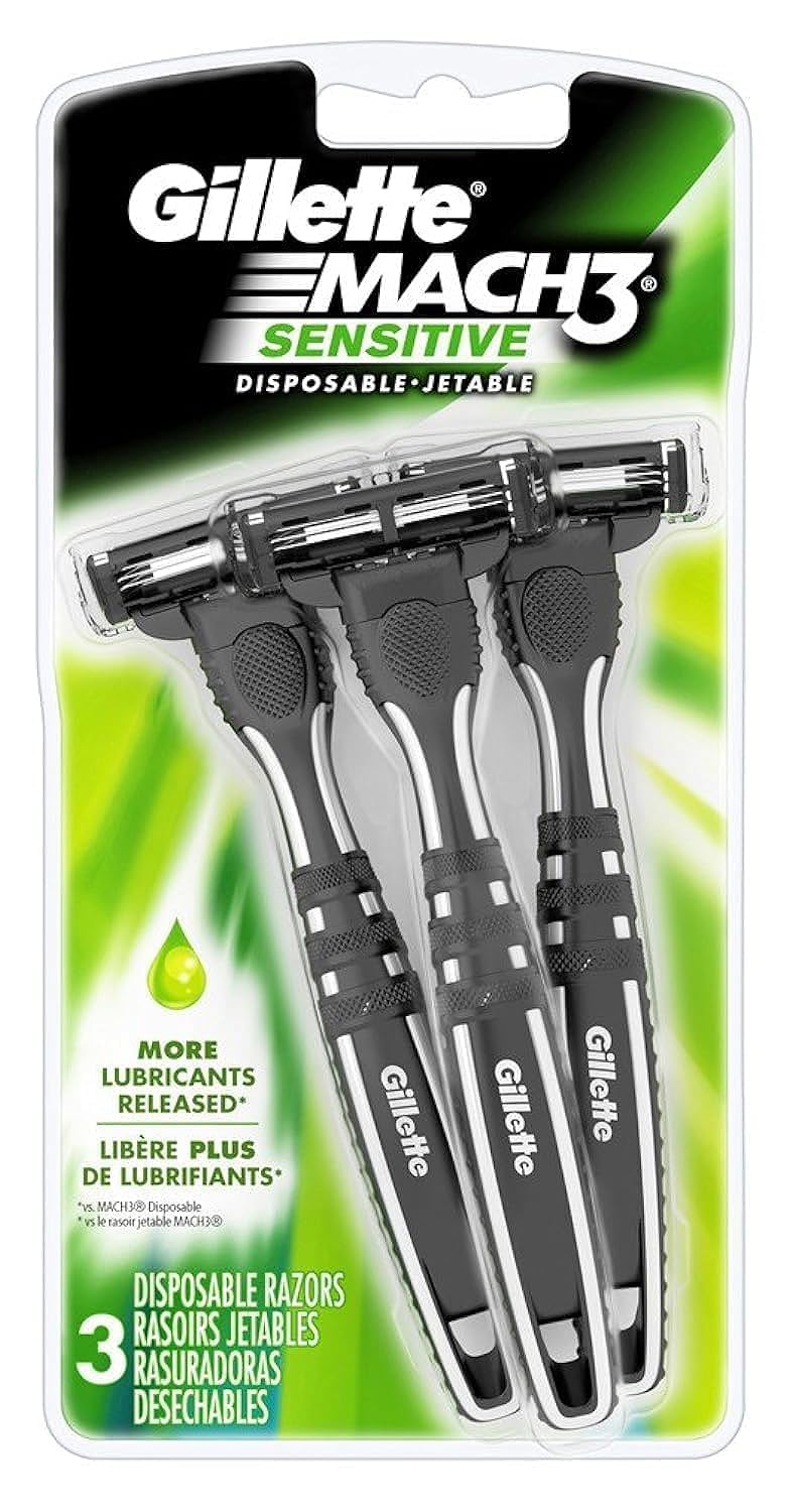 Gillette Mach3 Disposables 3Ct Sensitive Razor - Heavy Plastic, Black, Pack Of 6