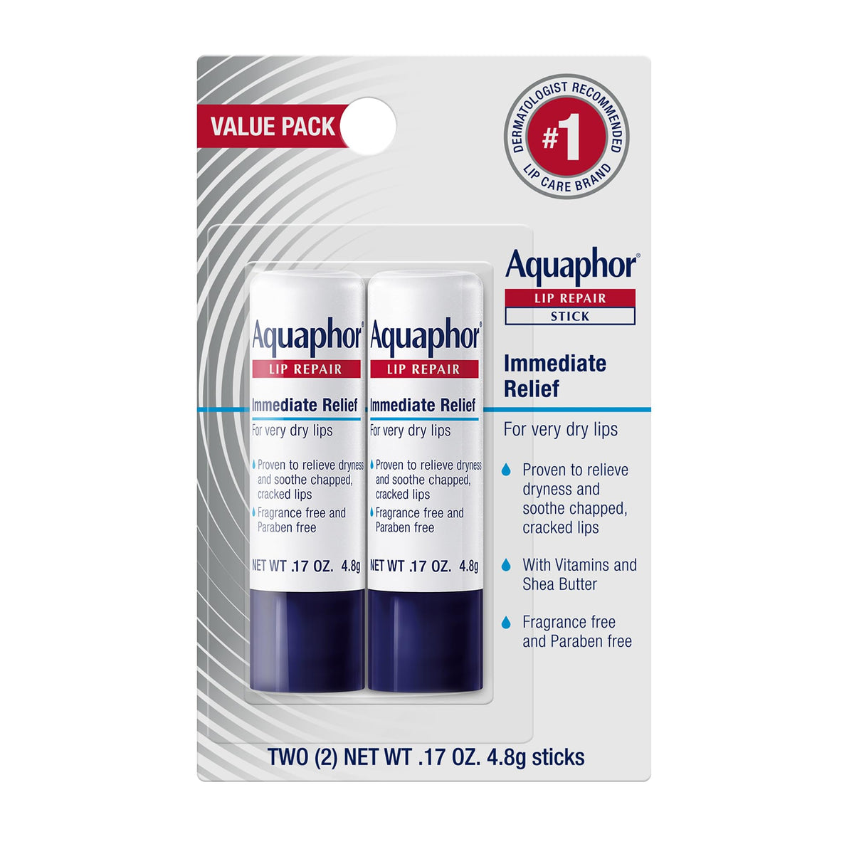 Aquaphor Lip Repair Stick, Moisturizing Lip Balm, 2 Pack, 0.17 Oz - Lip Protectant