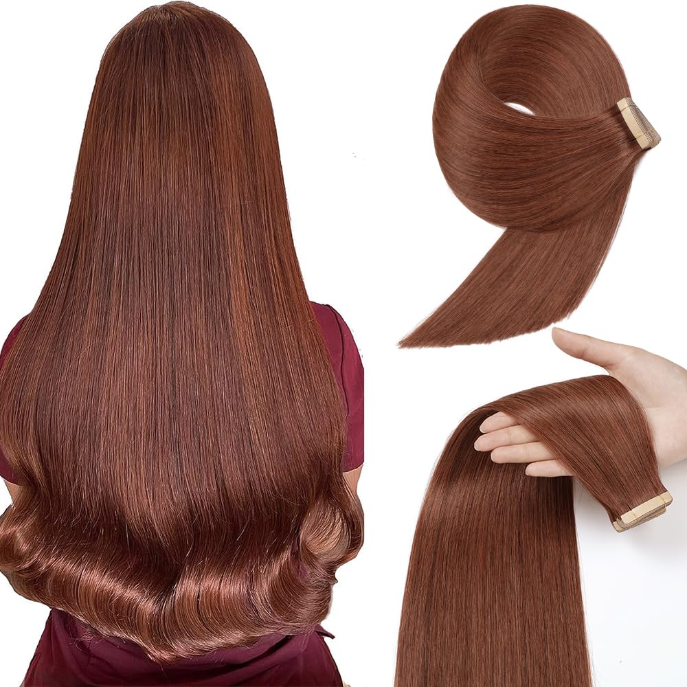 Yddm 22&quot; Tape In Hair Extensions - 20Pcs Dark Auburn Human Hair, Seamless & Invisible