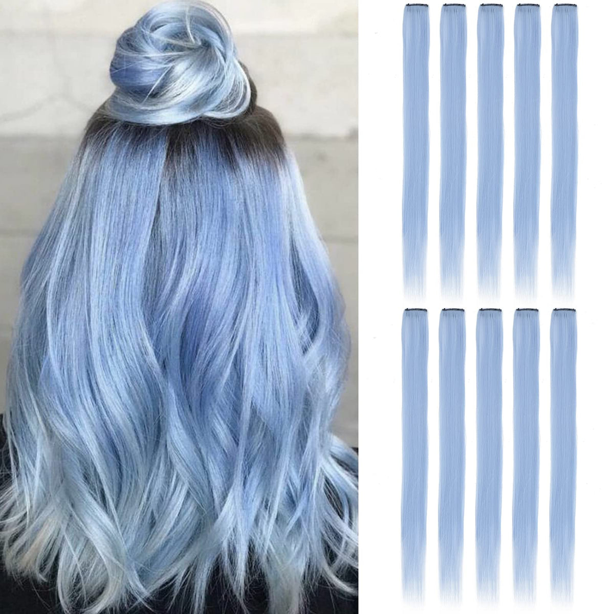 Sleekcute Della Robbia Blue Clip-In Hair Extensions, 10 Pcs, 22 Inch, Party & Cosplay Highlights