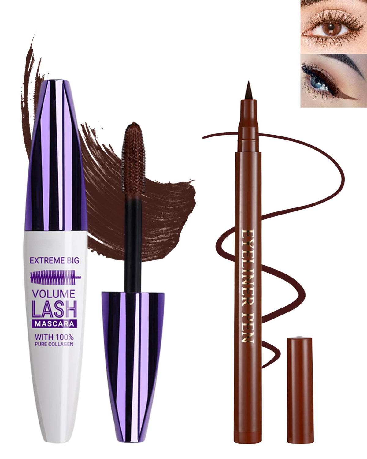 Lestpola Brown Waterproof Mascara & Eyeliner Set - 5D Silk Fiber Lash, Long-Lasting, Smudge