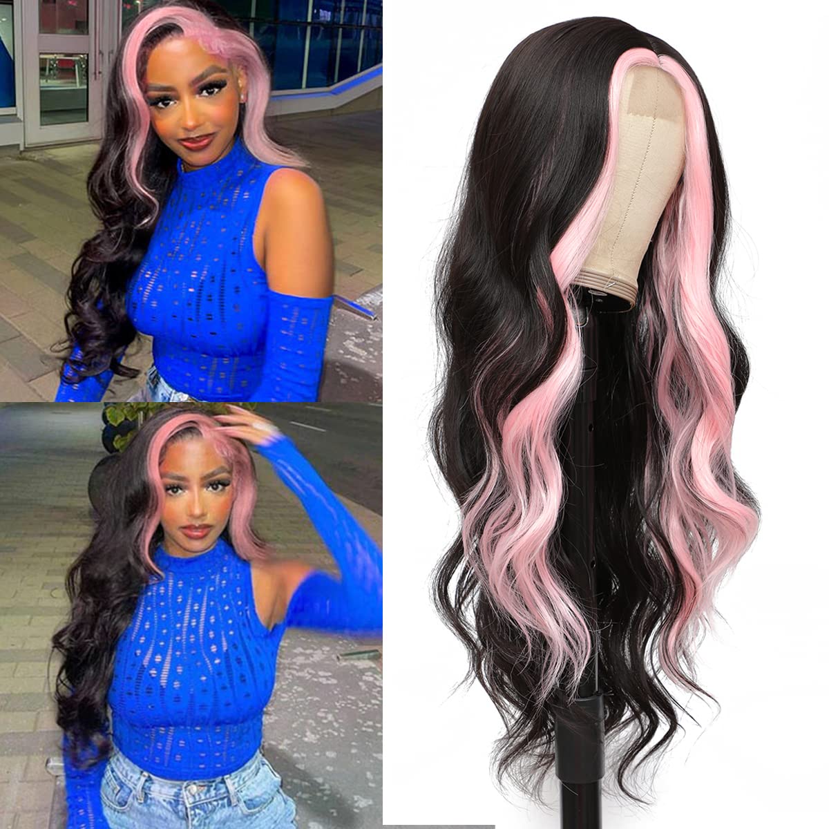 xccoco 28&quot; Long Wavy Pink Highlight Synthetic Lace Wig - Body Wave with Black & Pink Stripes