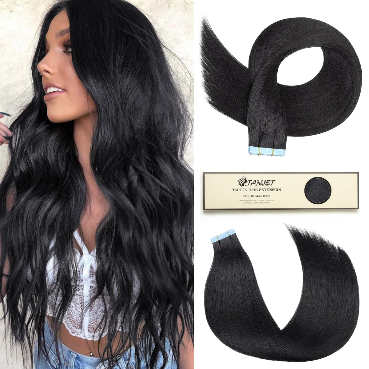 Tanjet 18 Inch Jet Black Tape In Human Hair Extensions - Seamless, Thick, Soft, Silky