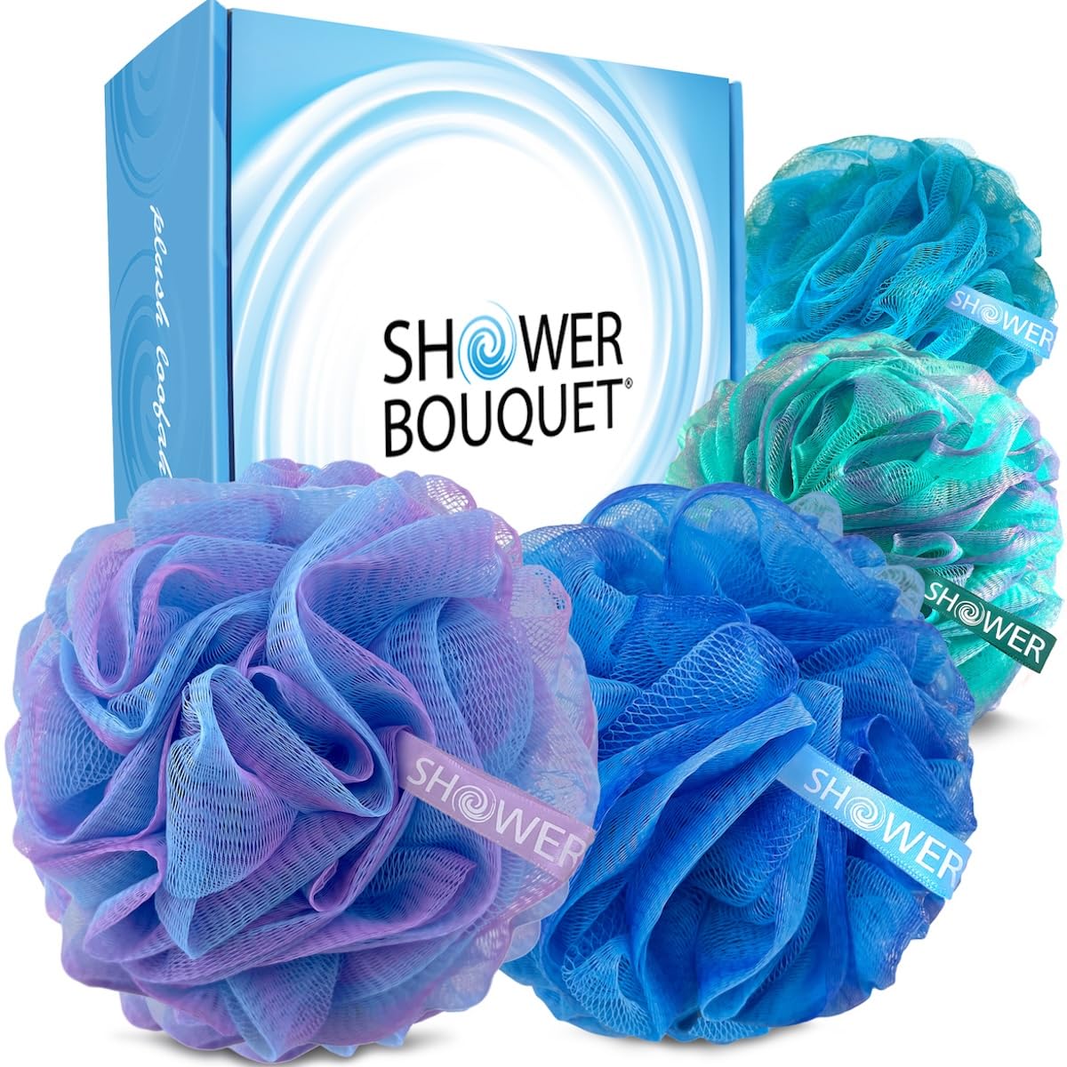 Shower Bouquet Xl Loofah Bath Sponge Set - 4 Pack Exfoliating Body Scrubber For Men & Women