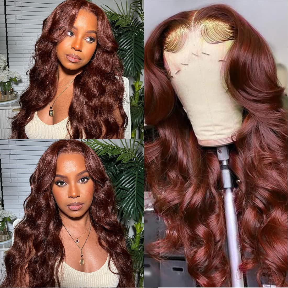 UNICE 12A Reddish Brown 22&quot; Body Wave T Part Lace Front Wig, Human Hair, 180% Density