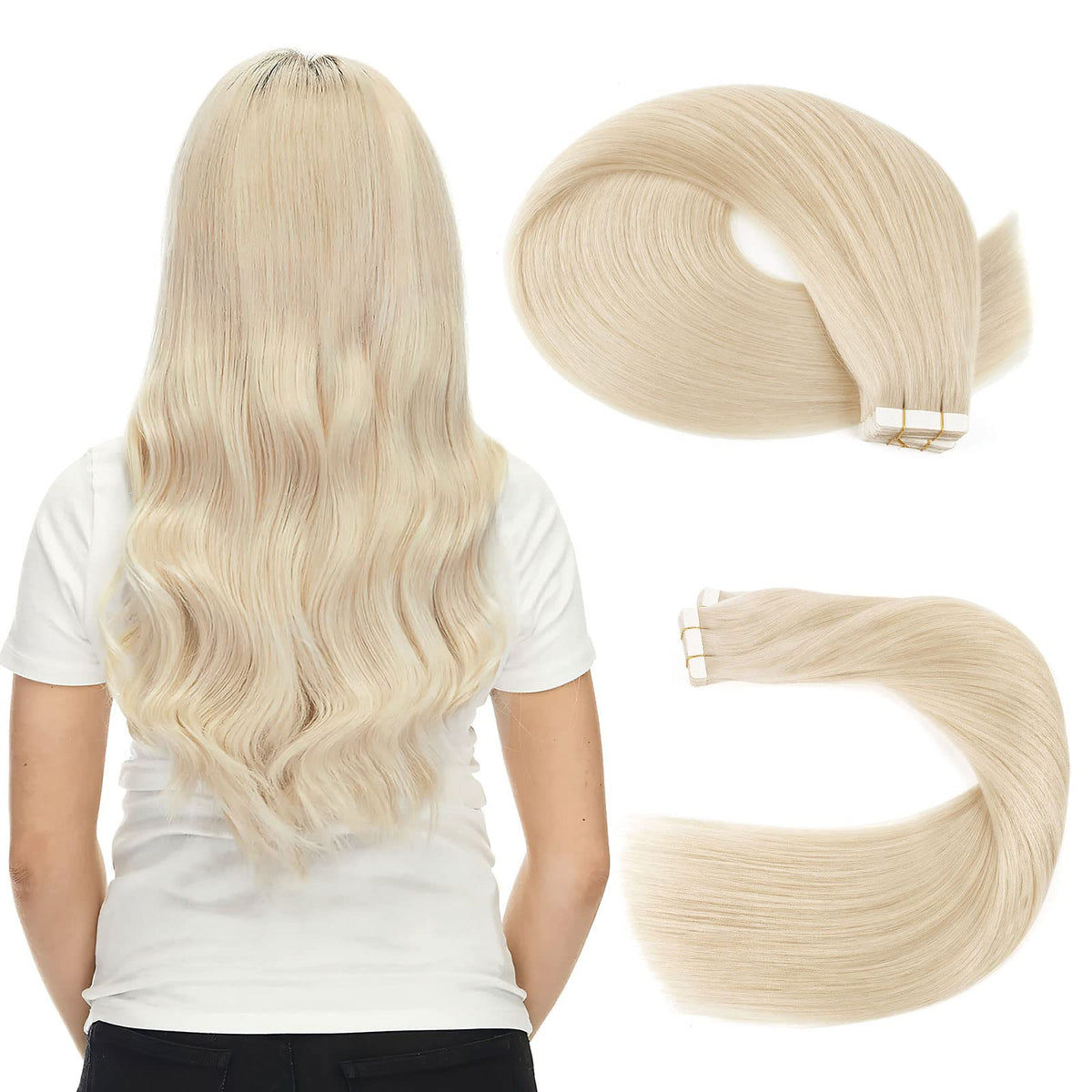 Sassina Tape in Hair Extensions 22&quot; Human Hair #60 Platinum Ash Blonde 20Pcs Double Sided