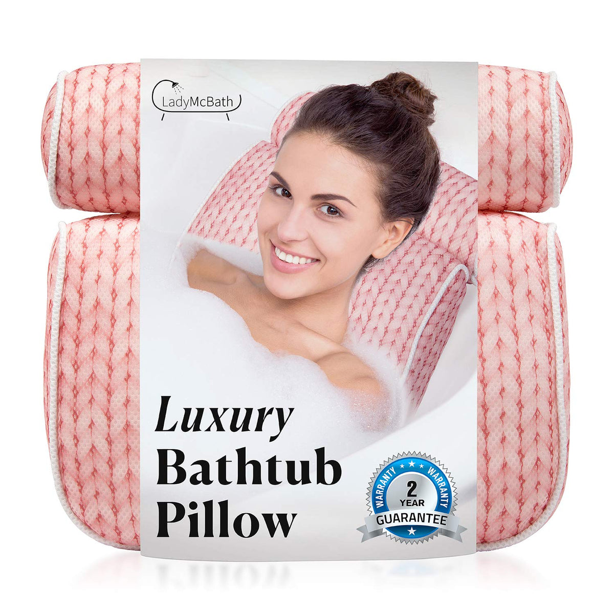 Lady Mcbath Luxury Bath Pillow - Peach Neck & Back Support With Suction Cups, Machine Washable