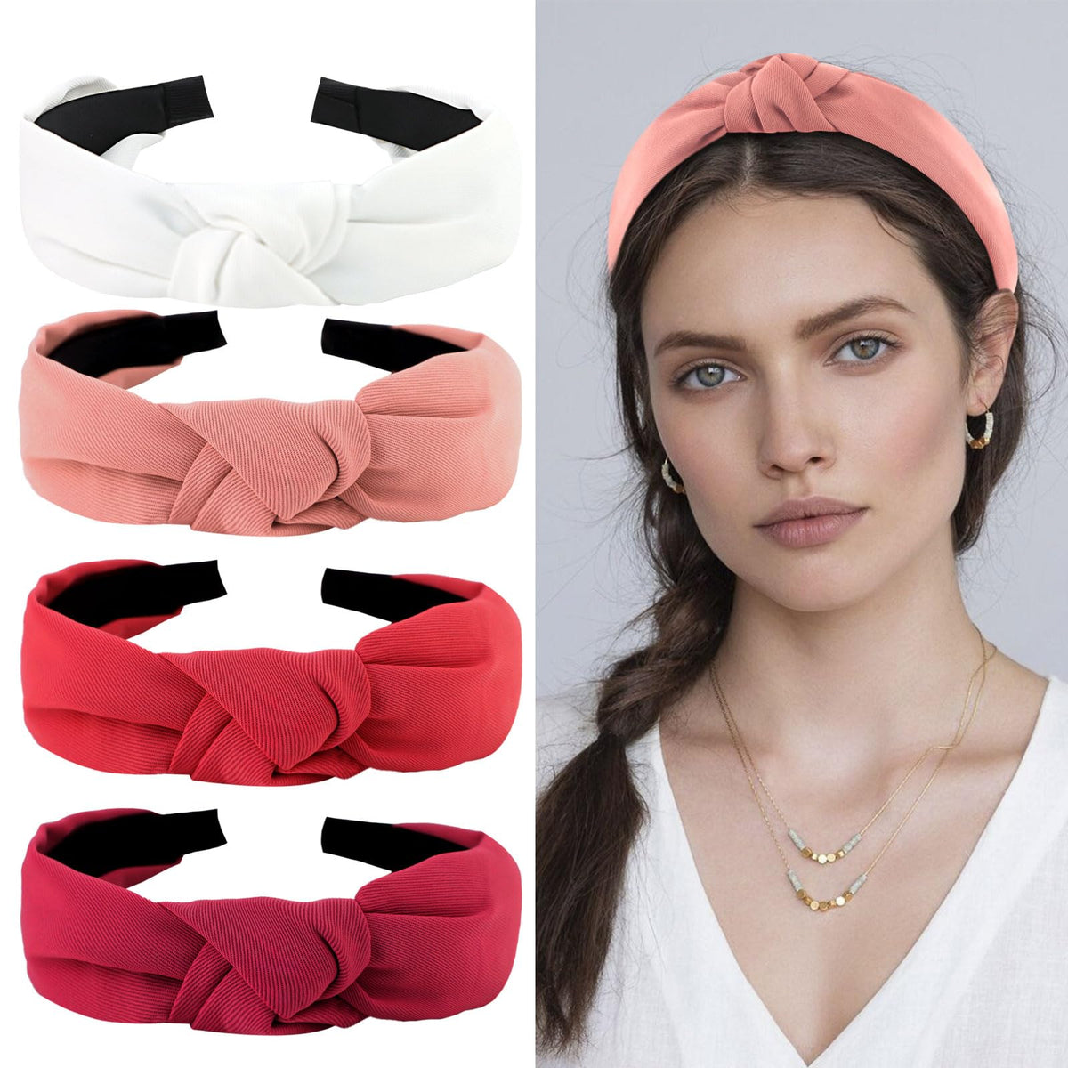 YISSION 4PCS Non-Slip Knotted Headbands for Women - Fashion Hair Accessories in White & Red