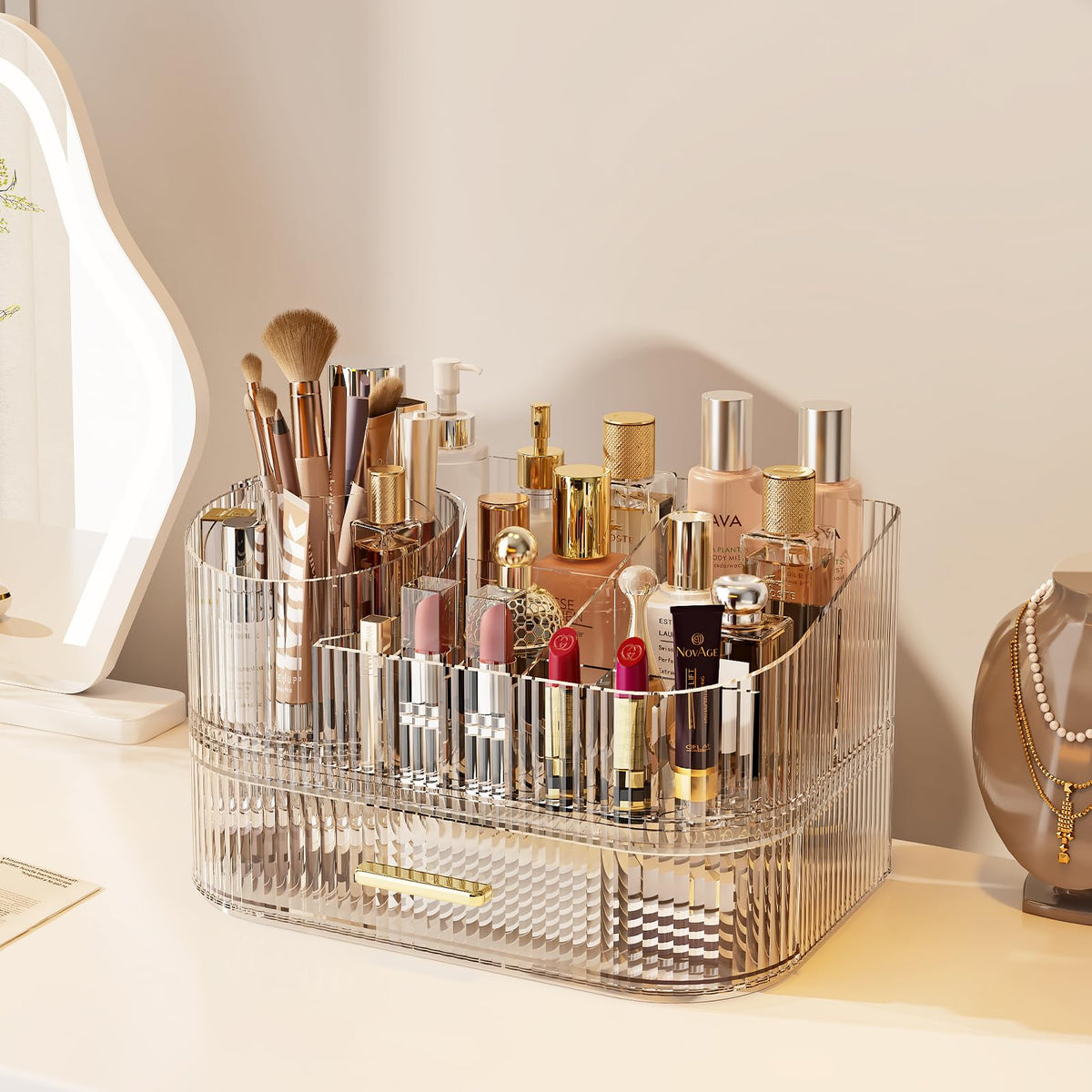 Miuopur Clear Makeup Organizer With Rotating Brush Holder & Stackable Drawers For Vanity