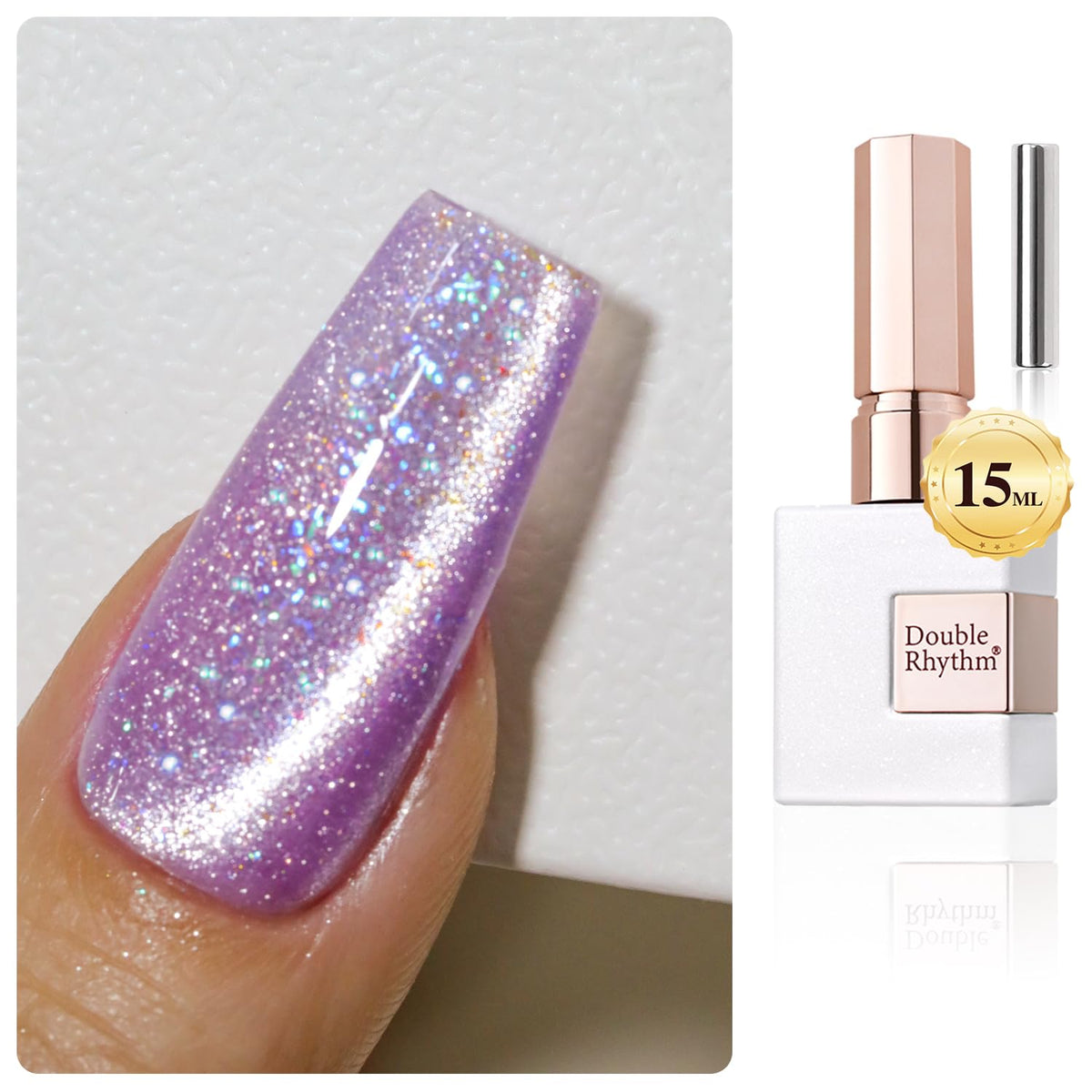 Double Rhythm Cat Eye Gel Polish 0.5 Oz Purple Glitter Holographic Magnetic Nail Polish 15Ml