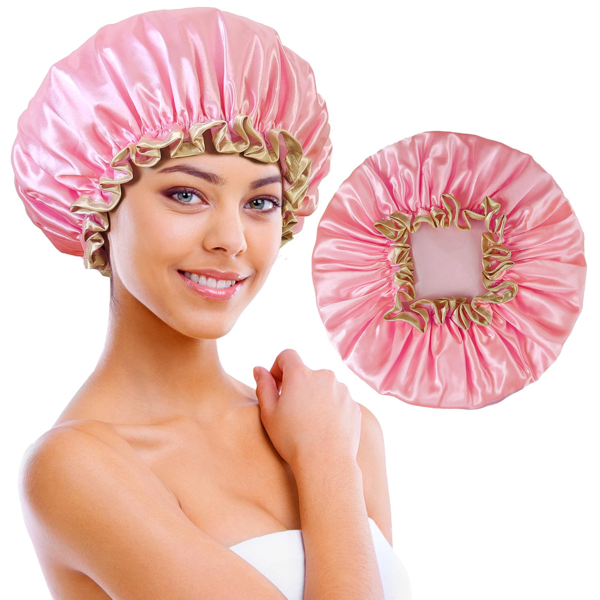 Choshion Large Pink Shower Cap - Reusable Waterproof Satin Hair Cap For Long Hair & Braids