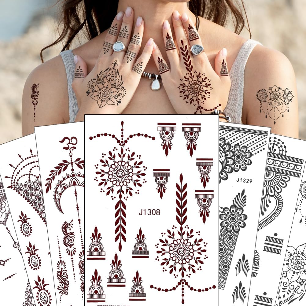 Xmasir 12 Sheets Waterproof Henna Tattoo Stickers - Black & Brown Temporary Body Art For Weddings