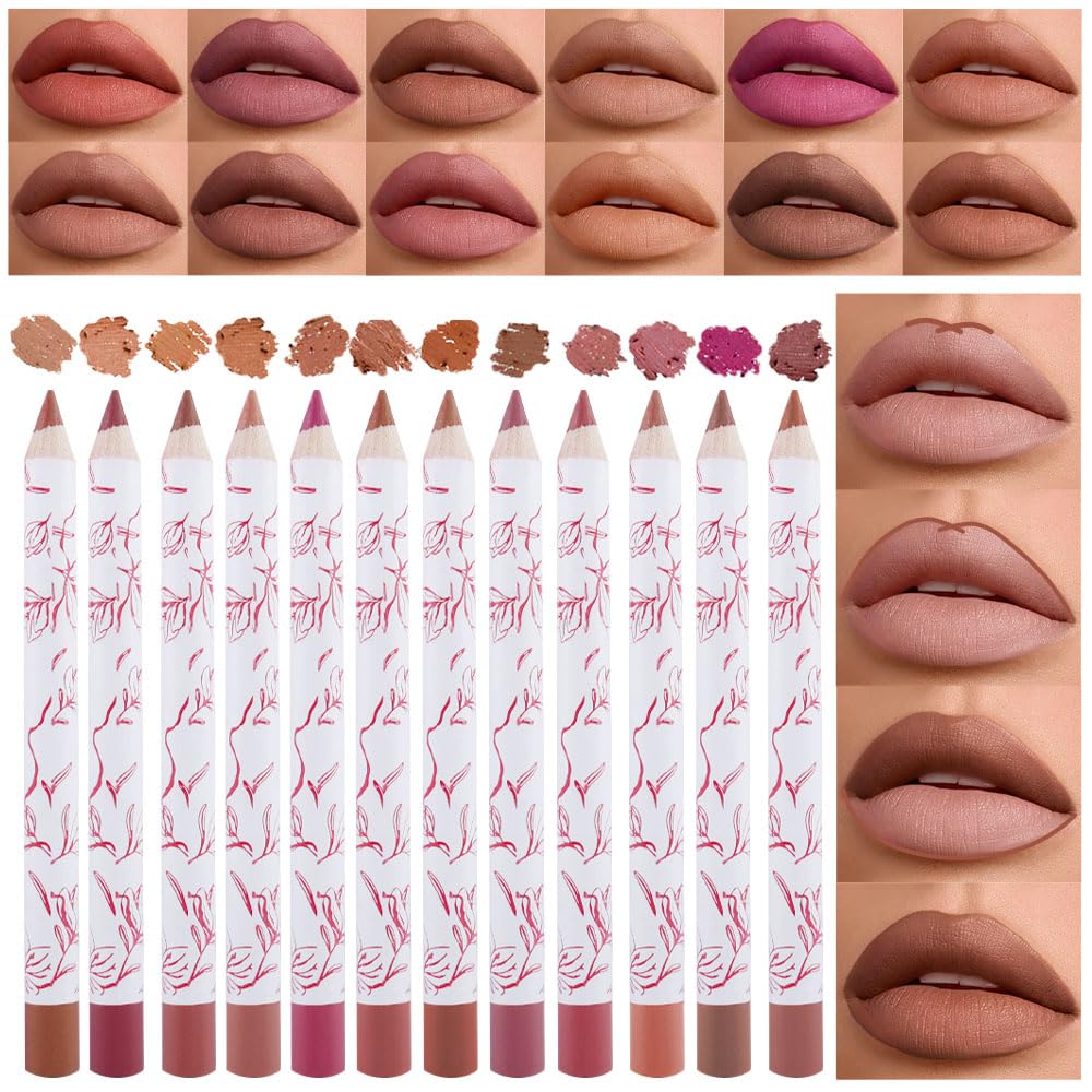 Suake 12 Pcs Nude Brown Beige Lip Liner Set - Waterproof, Easy Apply & Remove For Daily Makeup