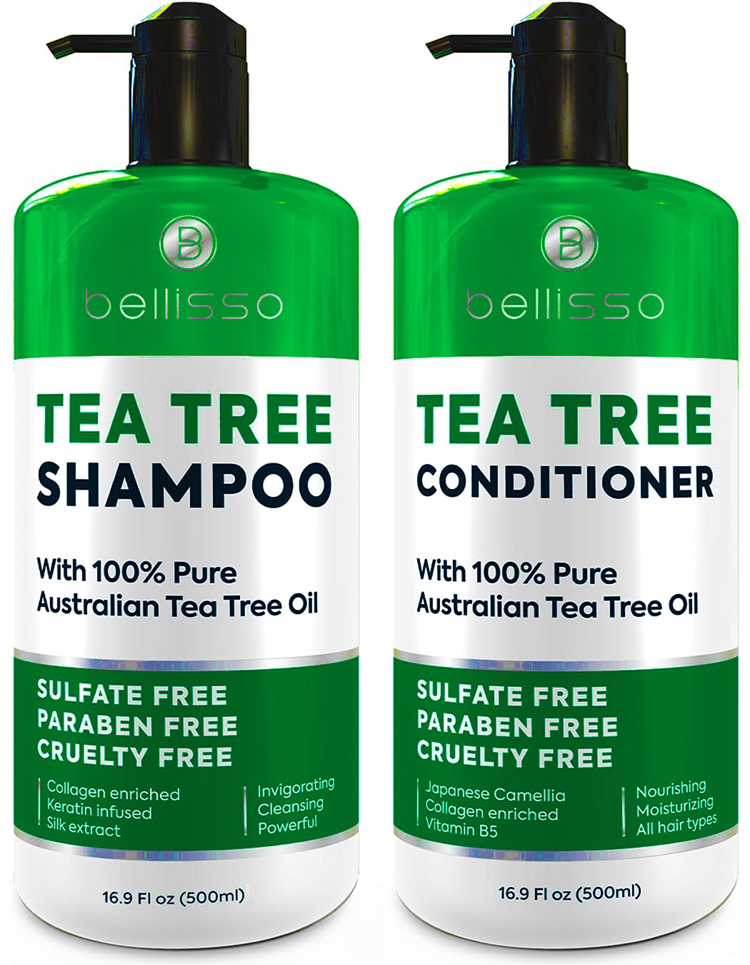 Bellisso Tea Tree Oil Shampoo & Conditioner Set - Anti Dandruff, Sulfate & Paraben Free, 16.