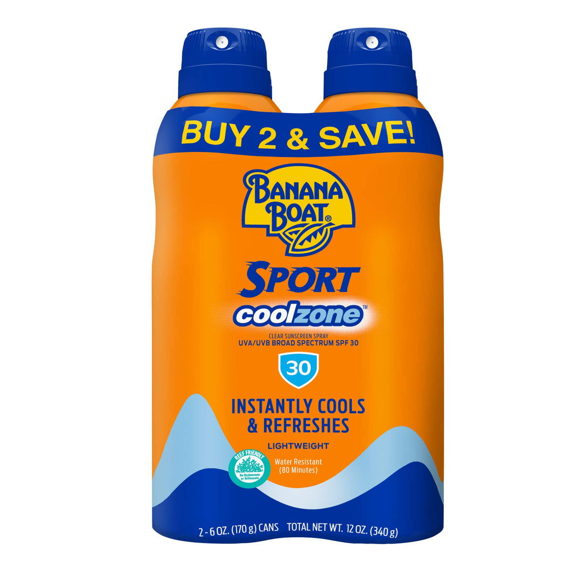 Banana Boat Sport Cool Zone Spf 30 Sunscreen Spray Twin Pack - Oxybenzone Free, 6Oz Each