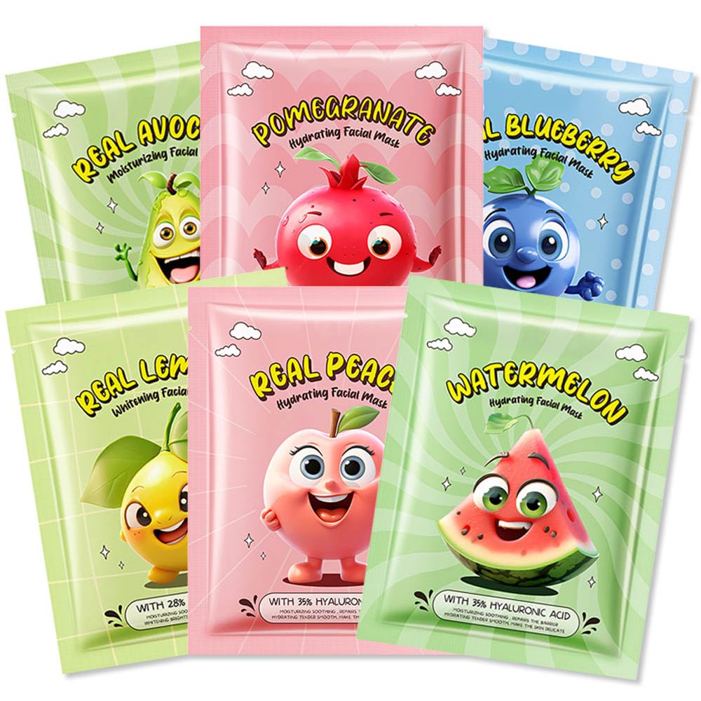 Kaely 6 Pack Fruit Face Masks For Kids - Spa Party Skincare, Moisturize & Brighten