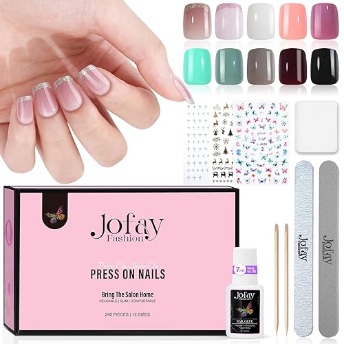 Jofay Fashion 240 Pcs Glitter French Press On Nails - Short Acrylic Kit with Nail Glue, 12 Sizes