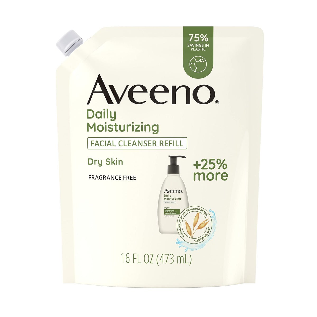 Aveeno Daily Moisturizing Facial Cleanser, 16 Fl Oz Refill Pouch, Paraben & Fragrance-Free