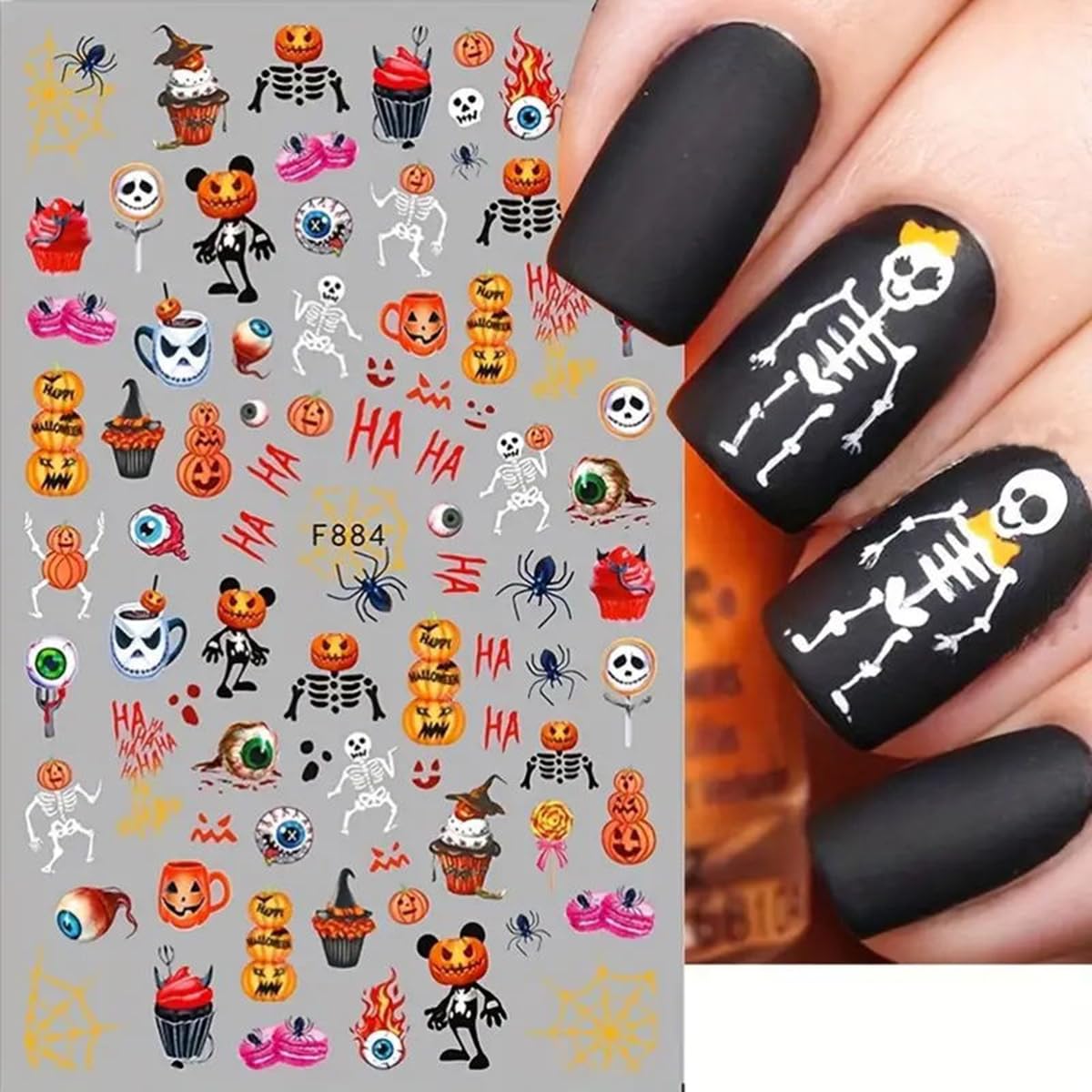 Powpop Halloween Nail Art Stickers - 3D Skeletons, Pumpkins & Ghosts - 4Pcs Self-Adhesive