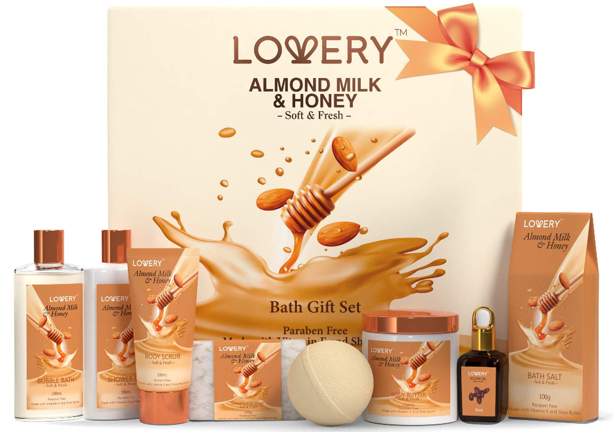 Lovery Valentines Bath Gift Set - 8 Piece Almond Milk & Honey Spa Kit For Men & Women