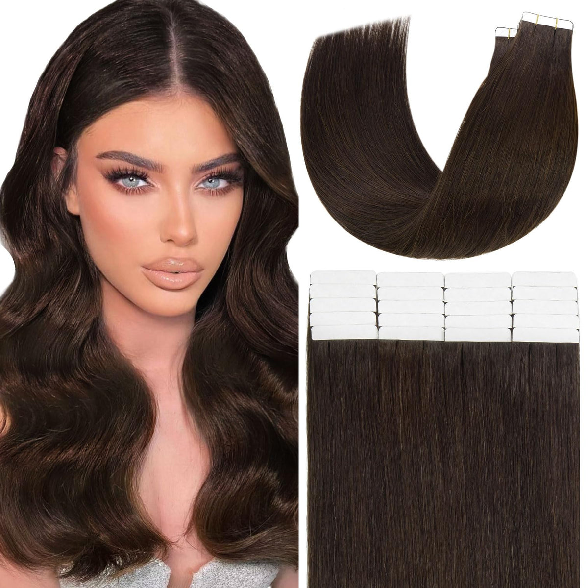 Anrosa 22&quot; Tape In Hair Extensions, 100% Remy Human Hair, Light Dark Brown, 20 Pcs