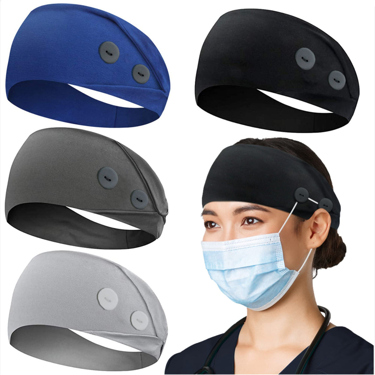 Abamerica Wide Headbands With Buttons For Mask, Non-Slip Sweatband For Nurses & Doctors - 4 Pack