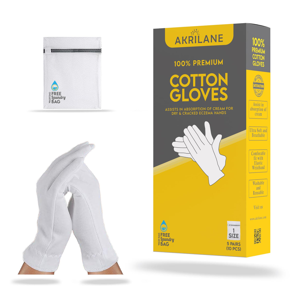 Akrilane 100% Cotton Moisturizing Gloves For Dry Hands - 5 Pairs, Eczema & Psoriasis Relief