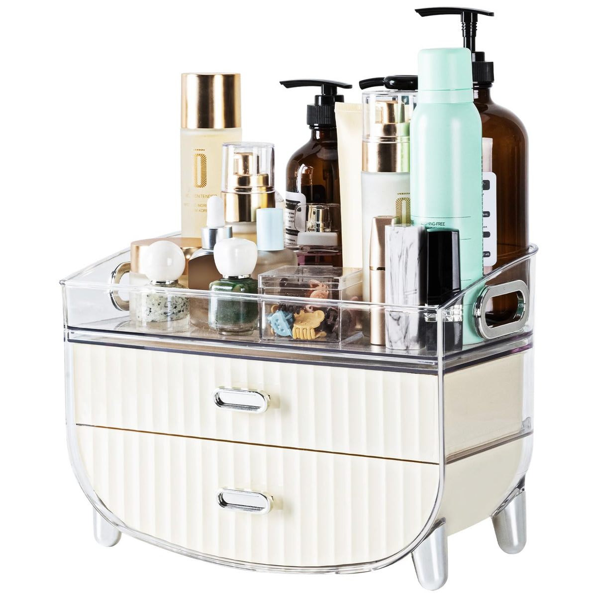 Vusign Large White Makeup Organizer With 2 Drawers & Tray For Vanity, Countertop, Bathroom