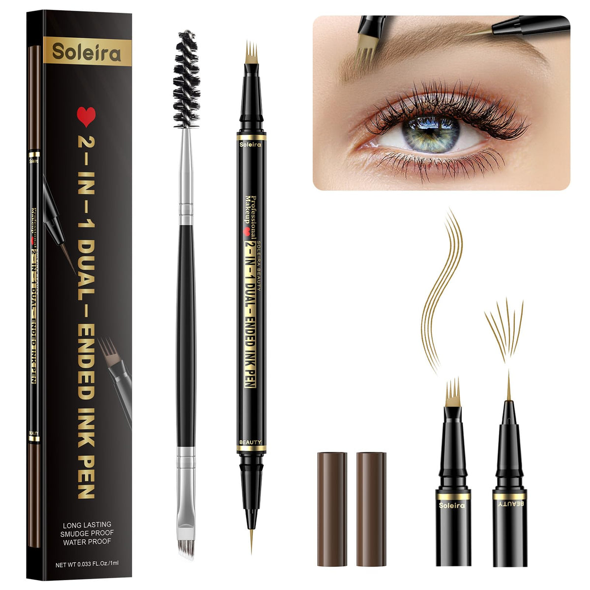 Soleira Waterproof Eyebrow Pencil - Blonde, Microblading Tip & Dual-Ended Brush For Natural Brows