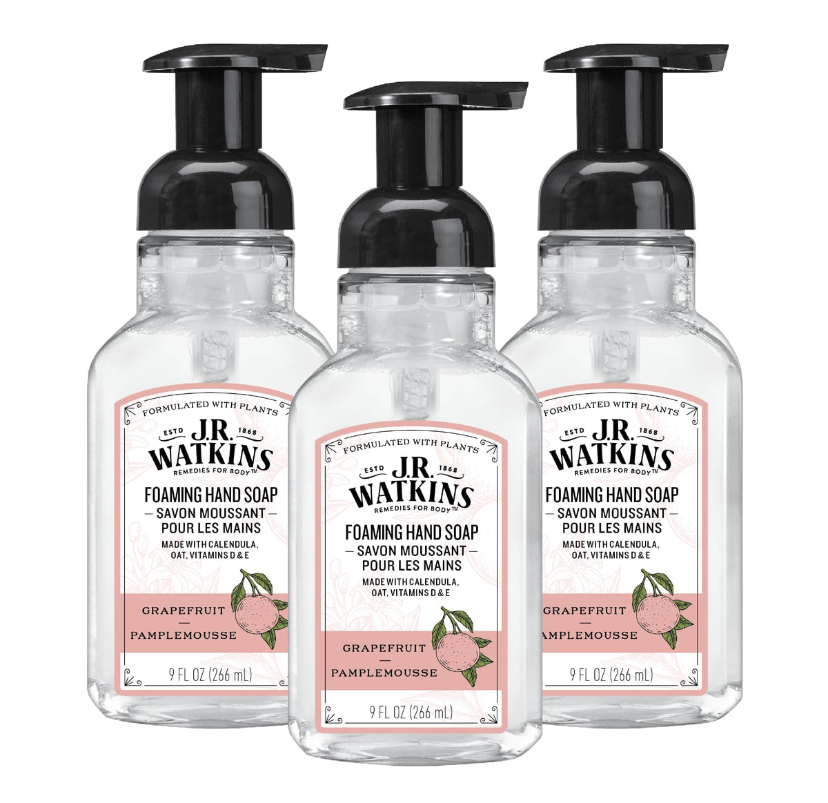 J.R. Watkins Foaming Hand Soap, Grapefruit, 9 Oz, Moisturizing, Alcohol-Free, 3 Pack