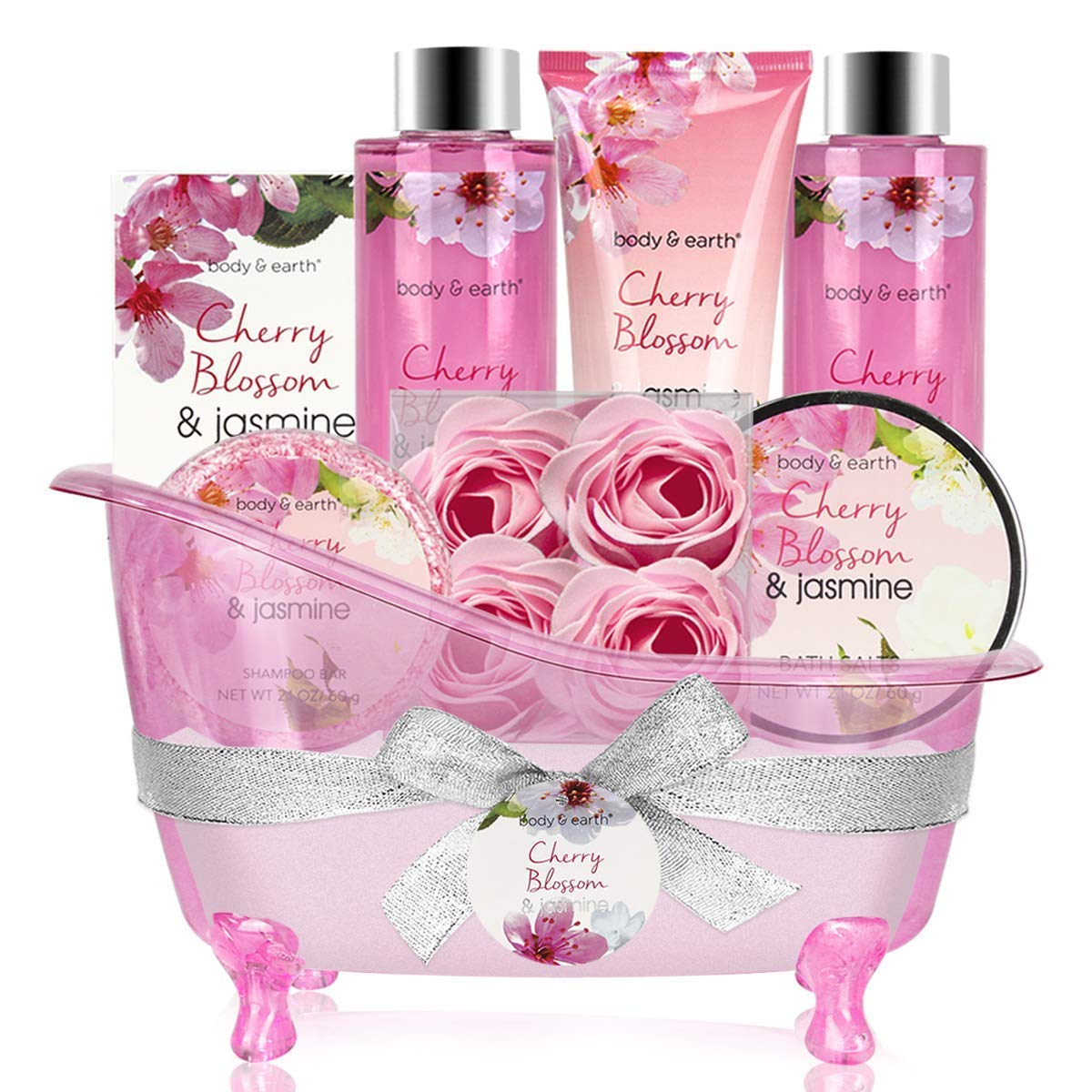 Body & Earth Cherry Blossom & Jasmine Bath Gift Set - 11 Piece Spa Gift Basket For Women