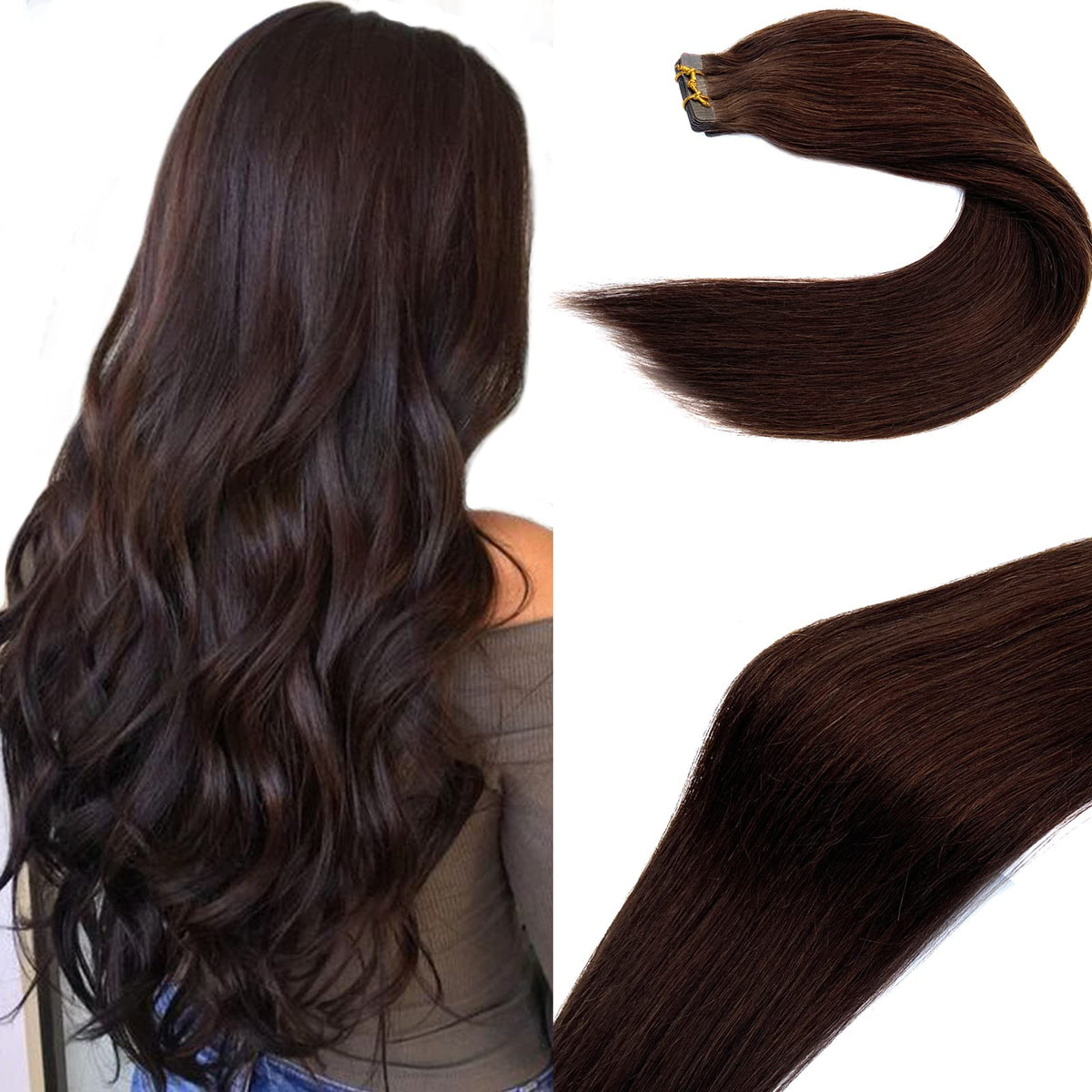 Ubetta Tape in Hair Extensions Dark Brown 24 Inch Remy Hair 20 pcs Invisible Adhesive