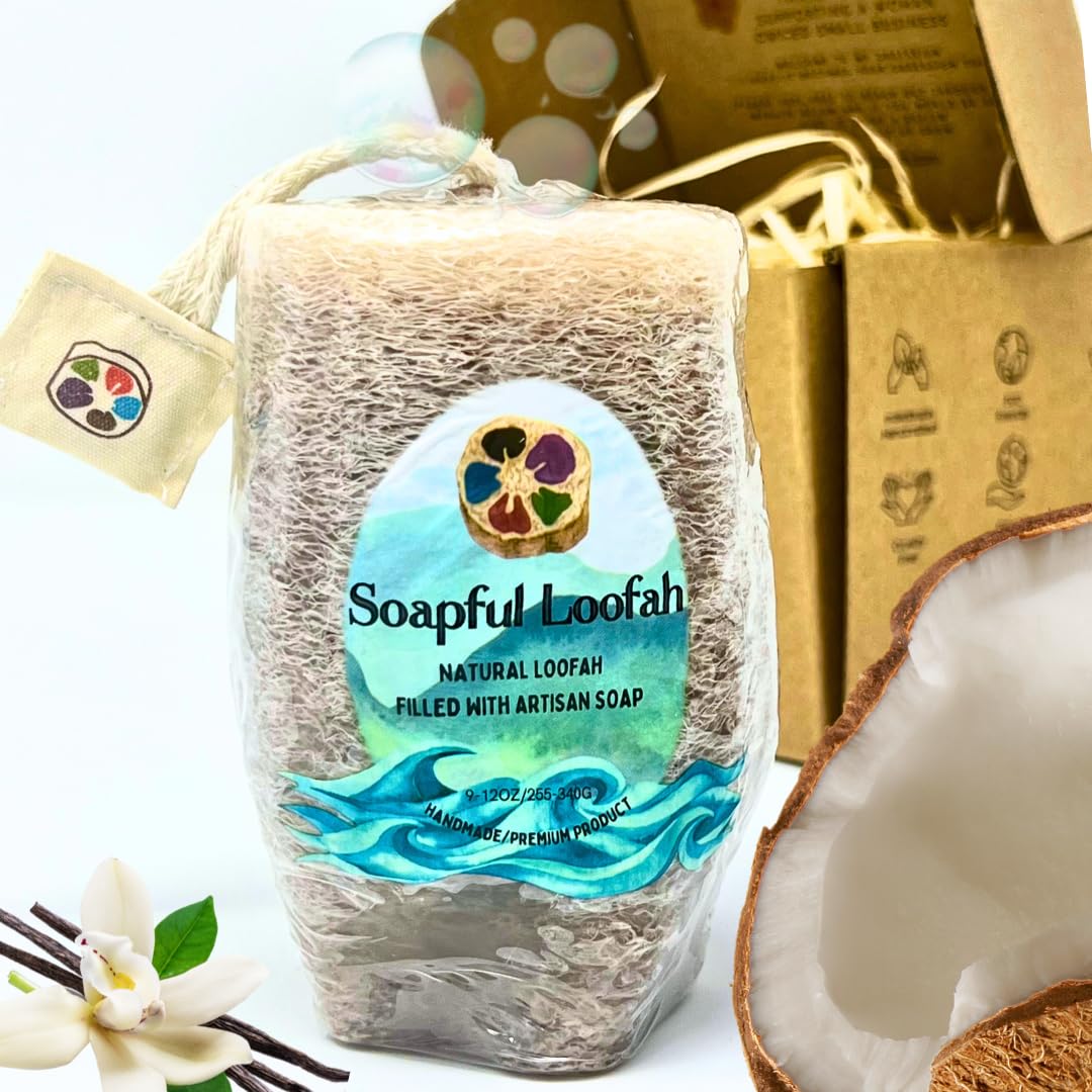 Soapful Loofah - Natural Glycerin Soap Sponge - Vanilla & Coconut Scent - Exfoliating Body Scrubber