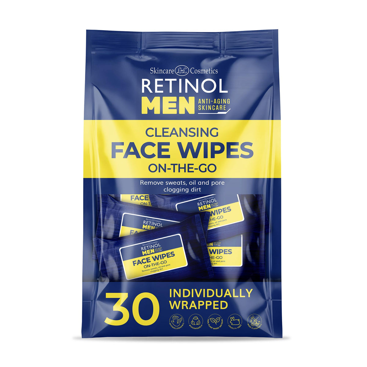 Retinol Men'S Individually Wrapped Wet Wipes - 30 Count Facial & Body Wipes With Micellar Water